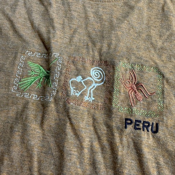 Y2K Peru Emboirdered Nazca Lines Orange Rust Brown Tee Cotton Made in Peru Large - Picture 2 of 7